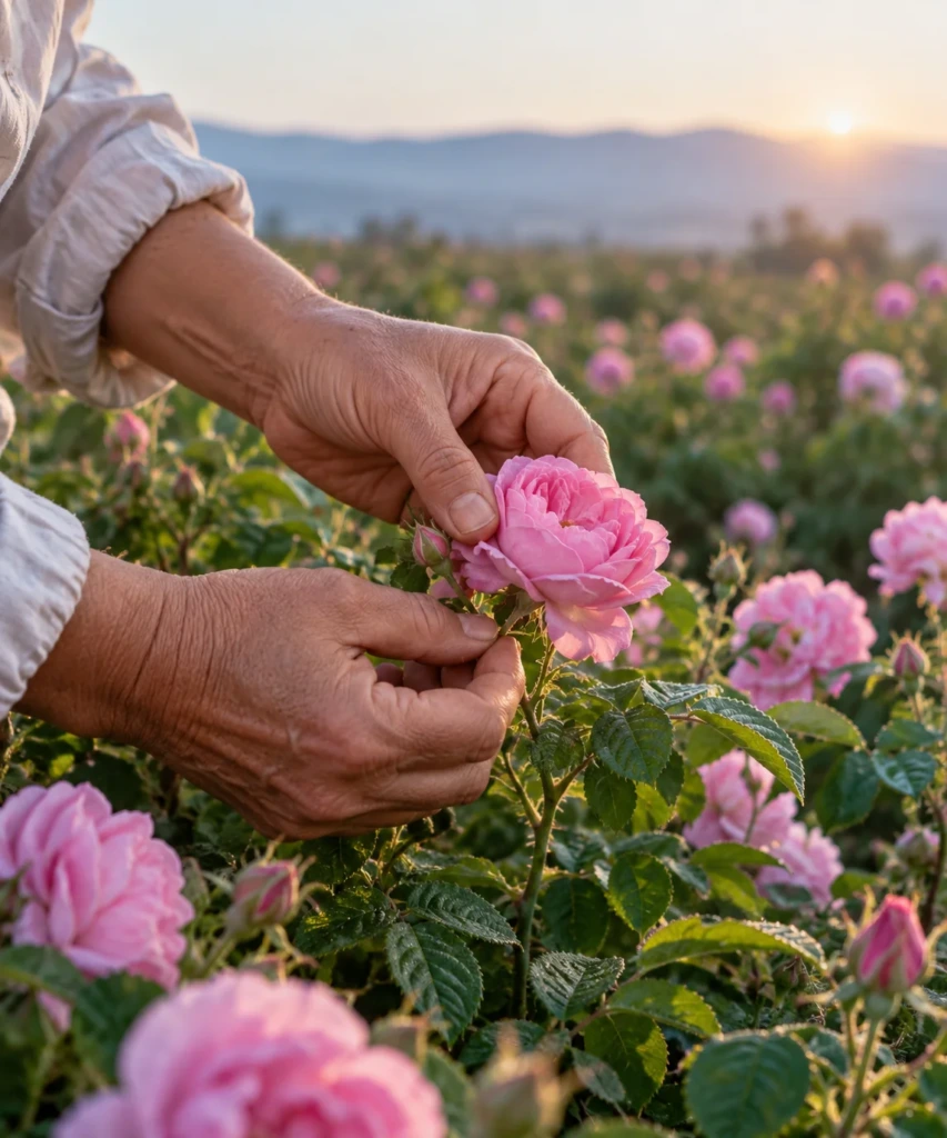 Isparta'da şafak vakti elle toplanan Rosa damascena gülleri