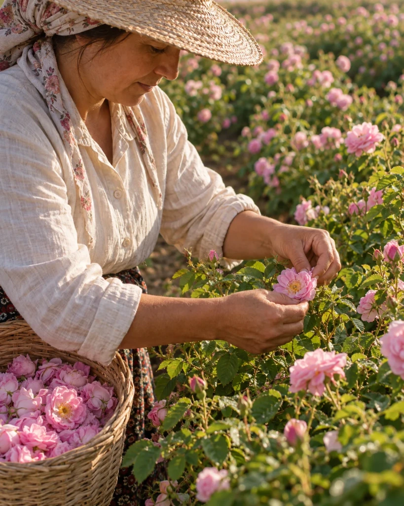 Isparta gül bahçesinde sabah saatlerinde Rosa damascena hasadı